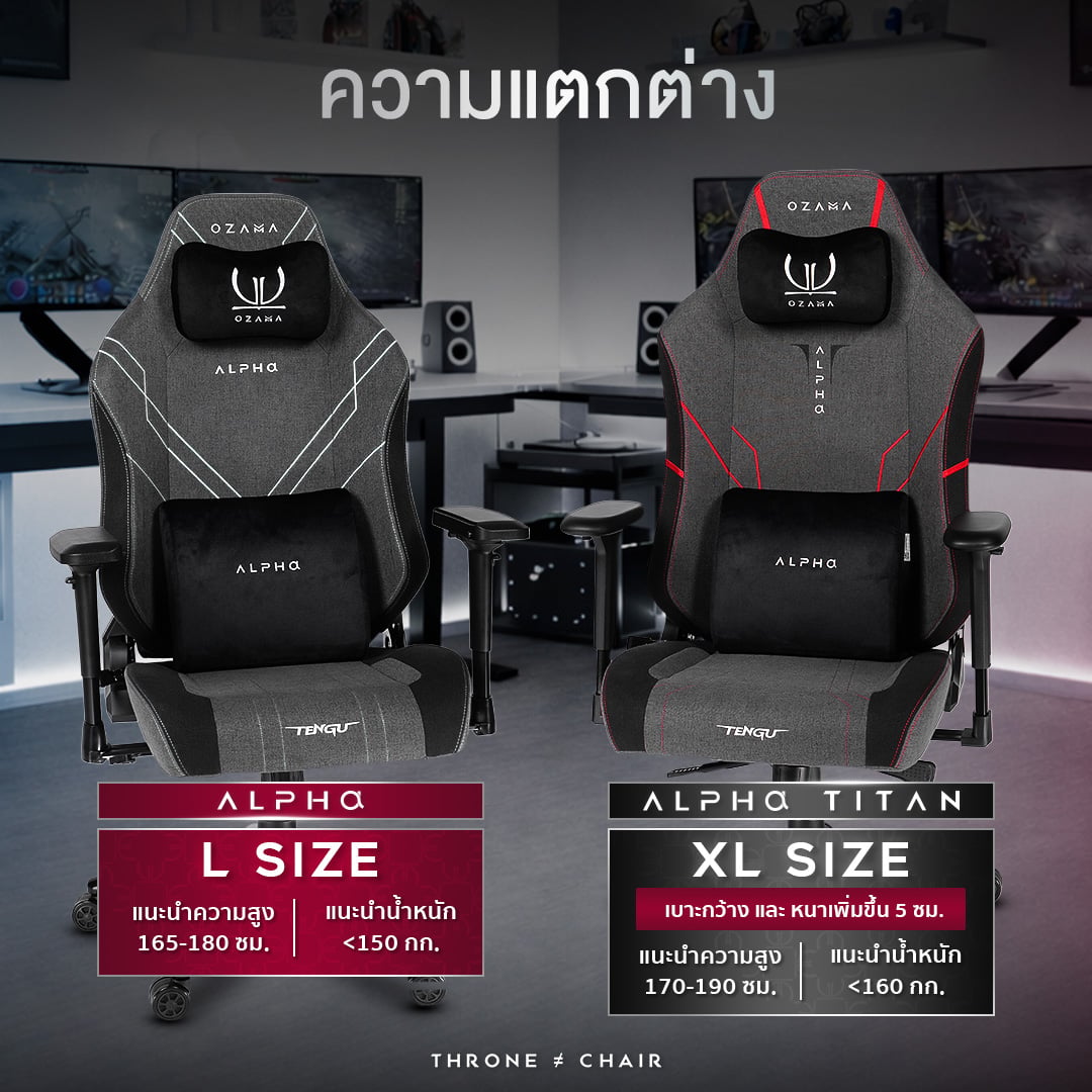 บัลลังก์เกมมิ่ง OZAMA ภายใต้แบรนด์ TENGUGAMINGGEARS รุ่น ALPHA FABRIC (CH-APT-F-BK) สีดำ เบาะผ้า_9