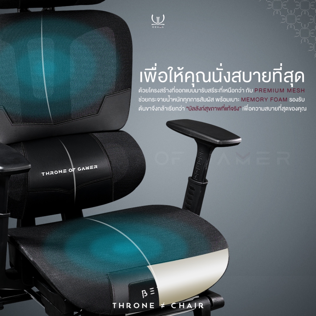 เก้าอี้สุขภาพ ดีไซน์เกมมิ่ง OZAMA ภายใต้แบรนด์ TENGUGAMINGGEARS รุ่น BETA (CH-BT-BK) สีดำ เบาะตาข่าย_5