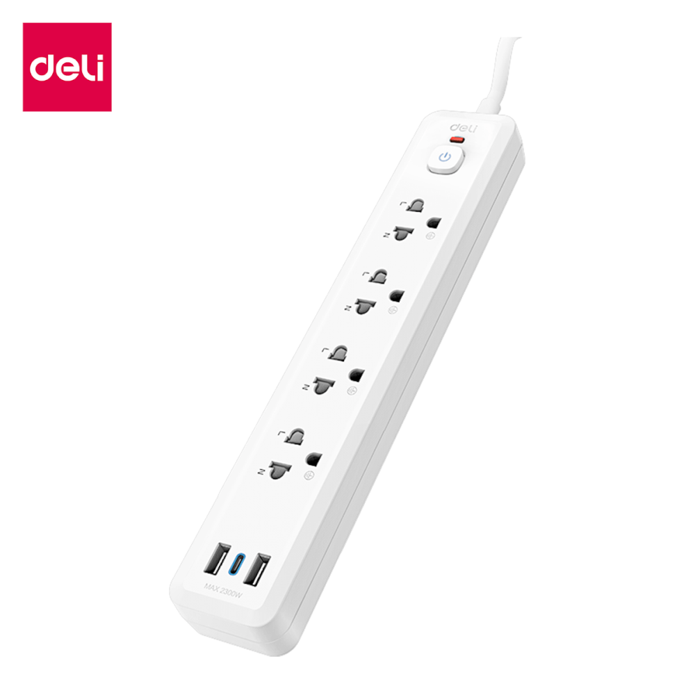 ปลั๊กไฟสามตา 4ช่อง 2USB 1TYPEC 5M DELI CT500-WH-01 สีขาว