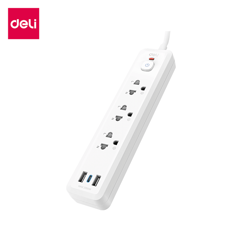 ปลั๊กไฟสามตา 3ช่อง 2USB 1TYPEC 5M DELI CT498-WH-01 สีขาว