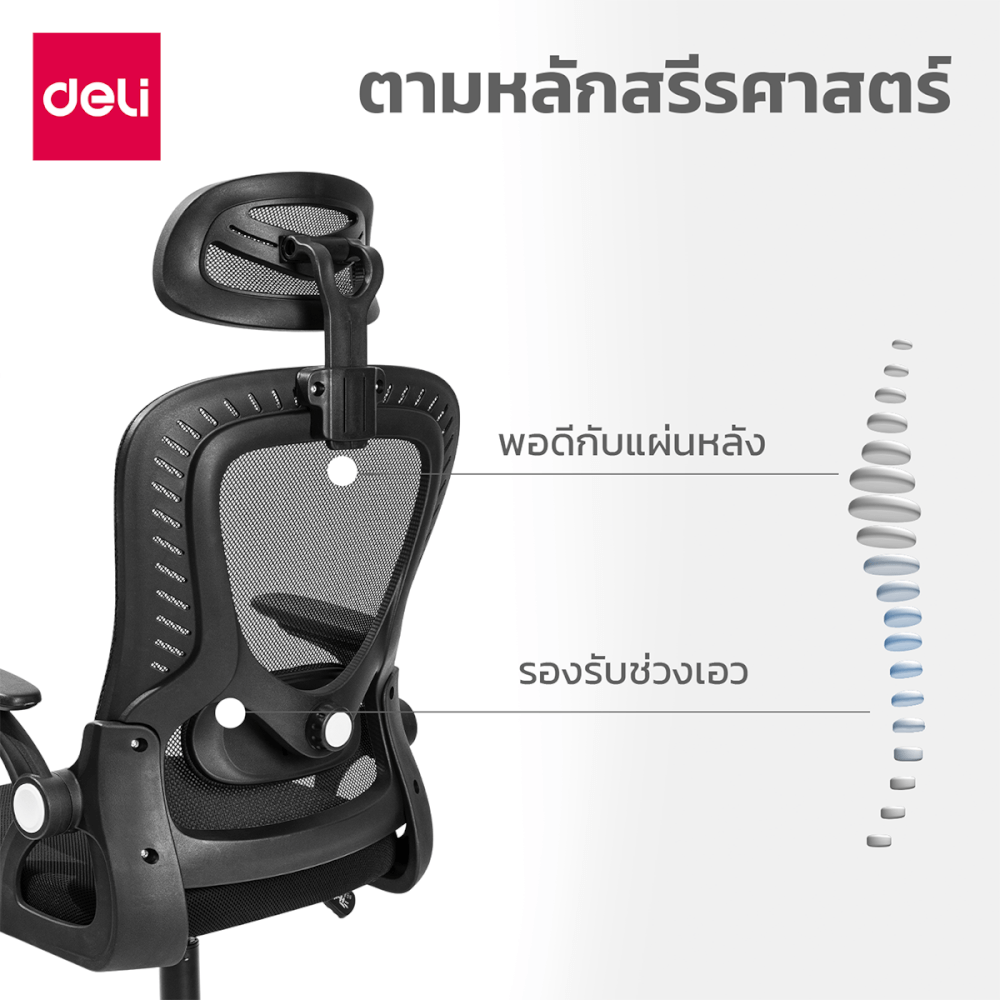 เก้าอี้ทำงาน DELI E4958-BK-01 2D รองเอวปรับได้ 3 CM สีดำ