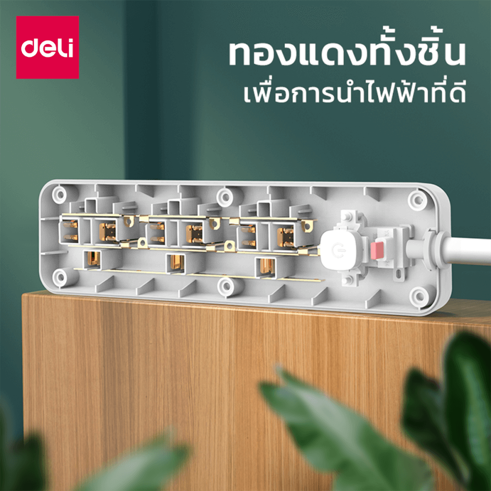 รางปลั๊กไฟ 3ช่อง 3M 1สวิตซ์ DELI CT480-GR-01 สีเทาอ่อน