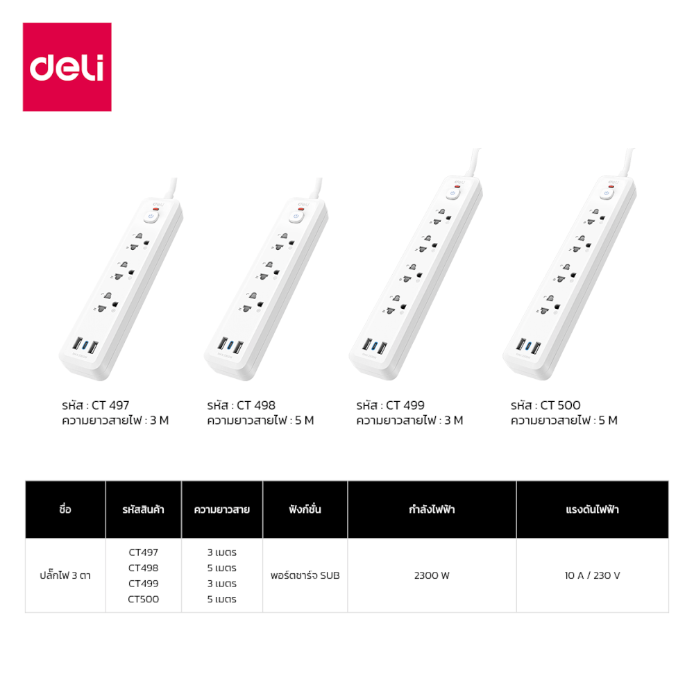 ปลั๊กไฟสามตา 3ช่อง 2USB 1TYPEC 5M DELI CT498-WH-01 สีขาว