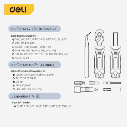 ชุดไขควงเปลี่ยนหัว DELI EDL250078-YL-01 78ชิ้น_6